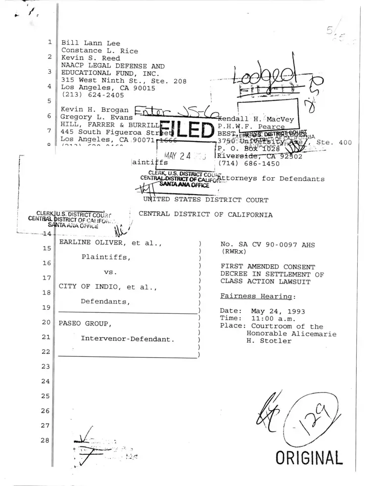Oliver v. City of Indio First Amended Consent Decree Fairness Hearing preview