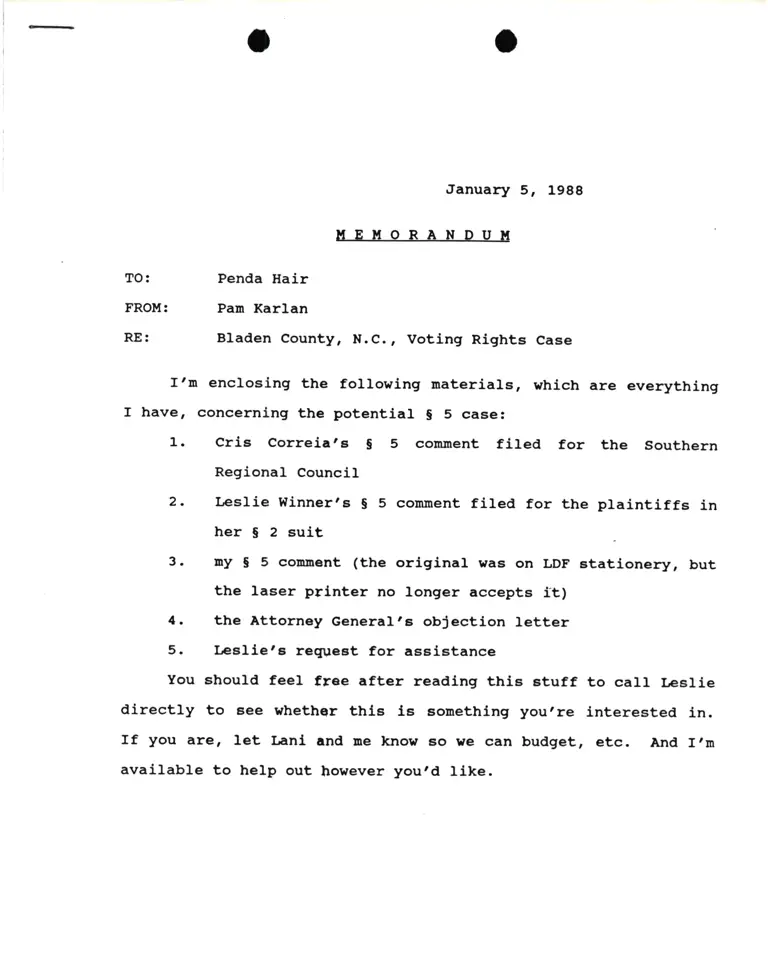 Memorandum from Pamela Karlan to Penda Hair Re Bladen County, N.C., Voting Rights Case preview