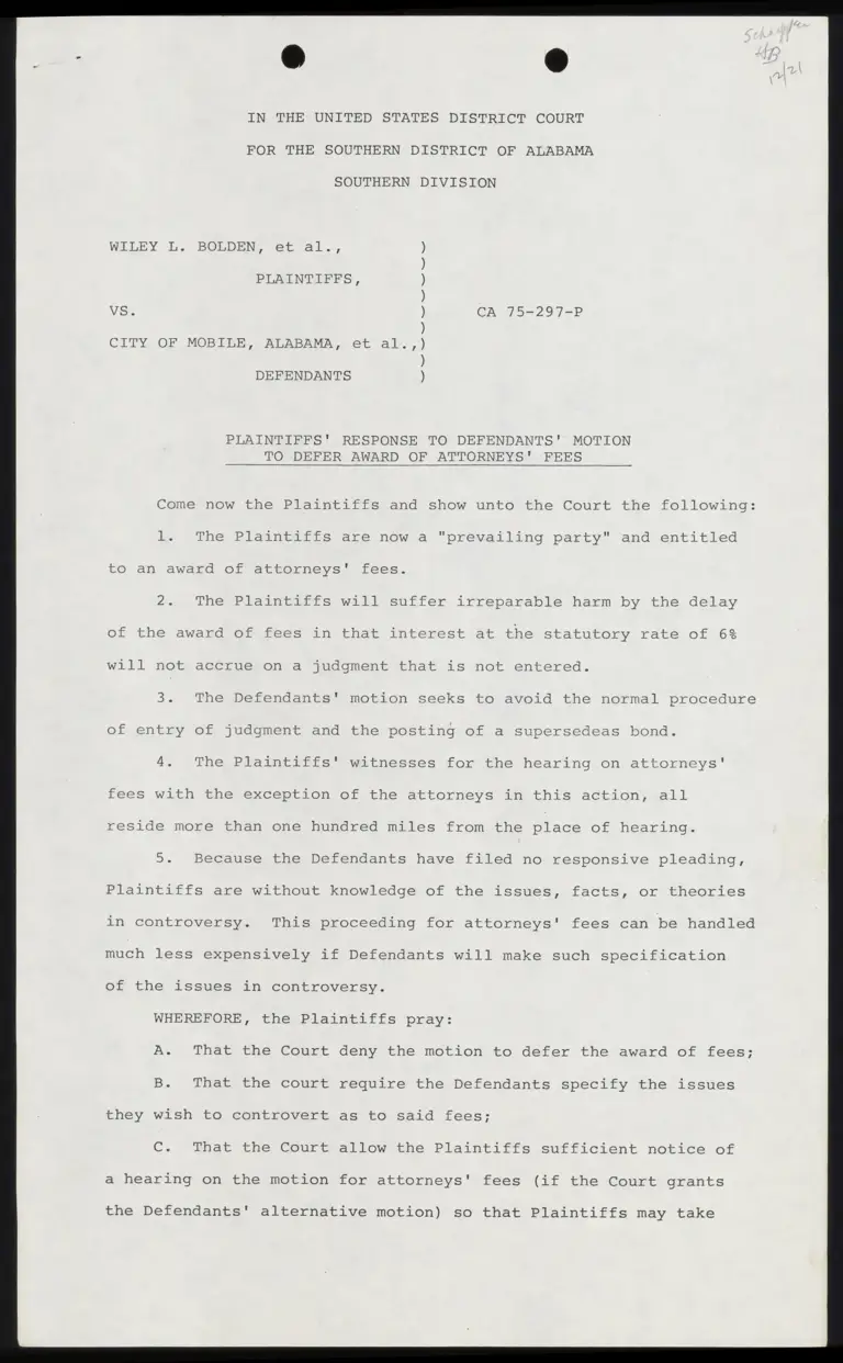 Plaintiffs' Response to Defendants' Motion to Defer Award of Attorneys' Fees preview