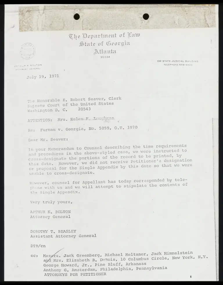 Correspondence from Bolton to Clerk preview