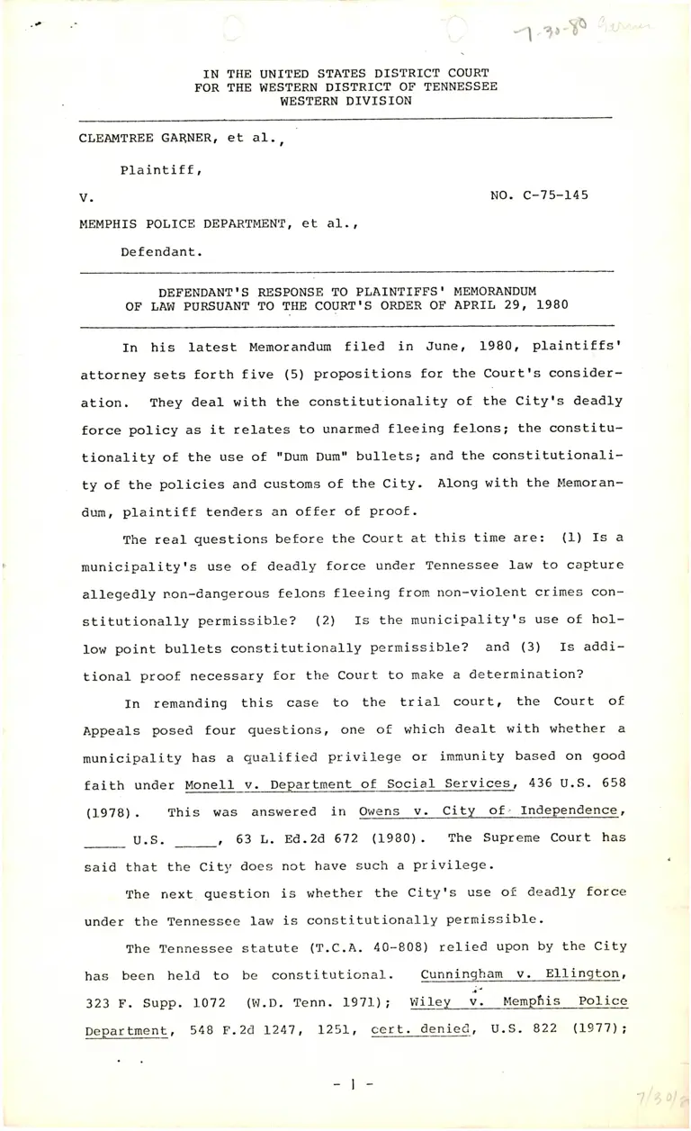 Defendant's Response to Plaintiffs' Memorandum of Law Pursuant to the Court's Order of April 29, 1980 preview