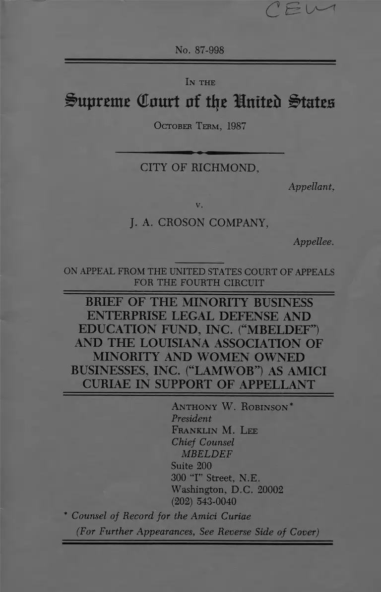 Richmond v JA Croson Company Reply Brief of Appellant preview