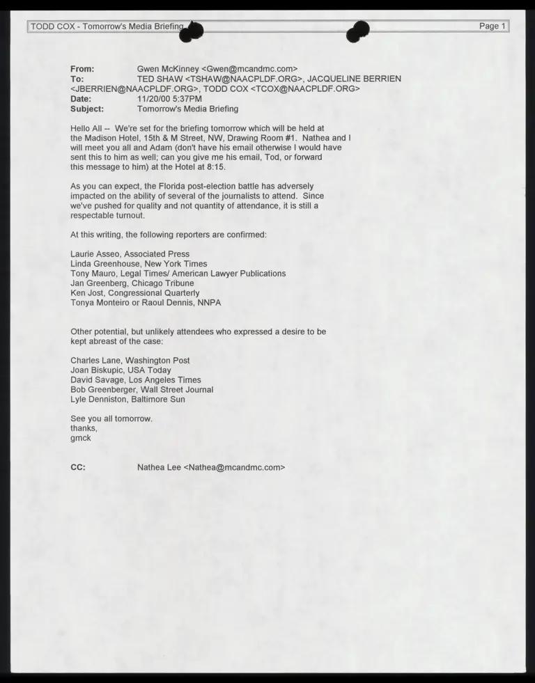 Email from McKinney to Shaw, Berrien, and Cox Re: Tomorrow's Media Briefing preview