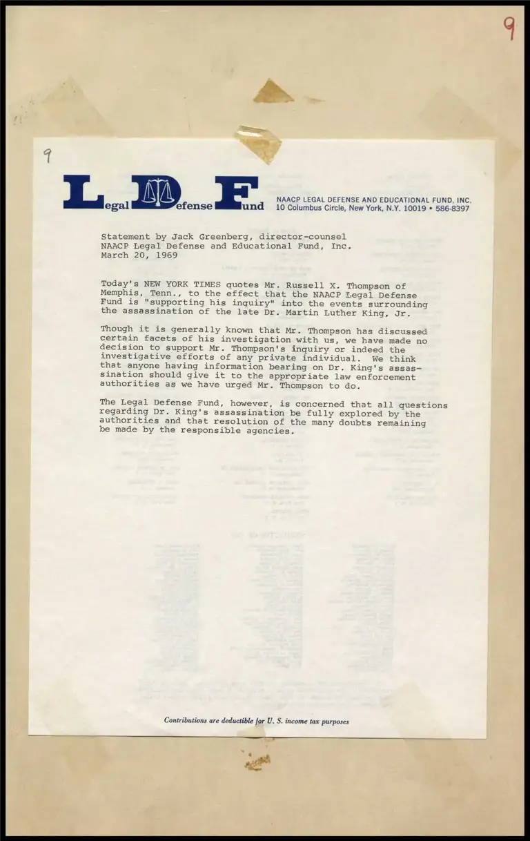 Greenberg Statement on Thompson Inquiry and Investigation of King Assassination preview