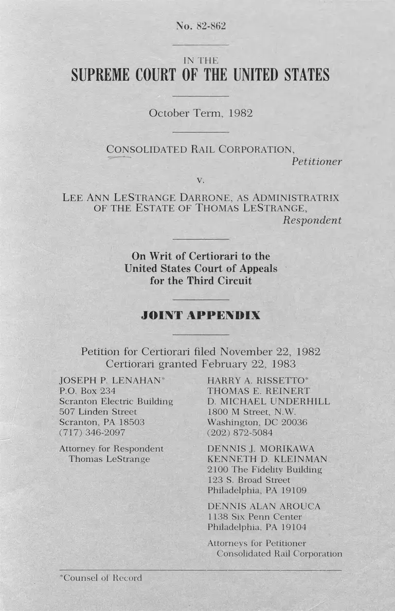 Consolidated Rail Corporation v. LeStrange Darrone Joint Appendix preview