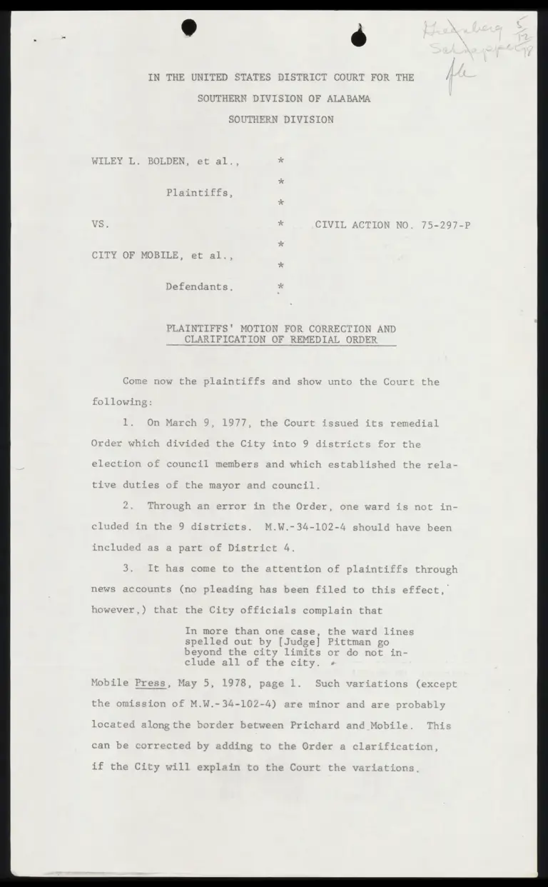 Plaintiffs' Motion for Correction and Clarification of Remedial Order preview