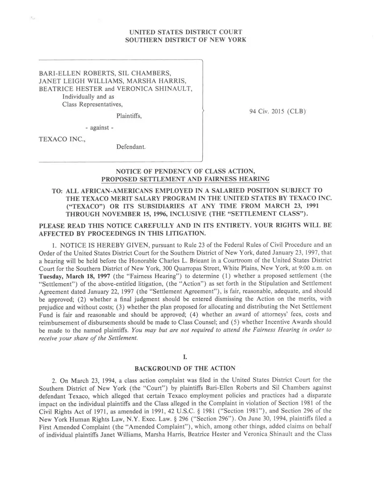 Roberts v Texaco Notice of Pendency of Class Action preview