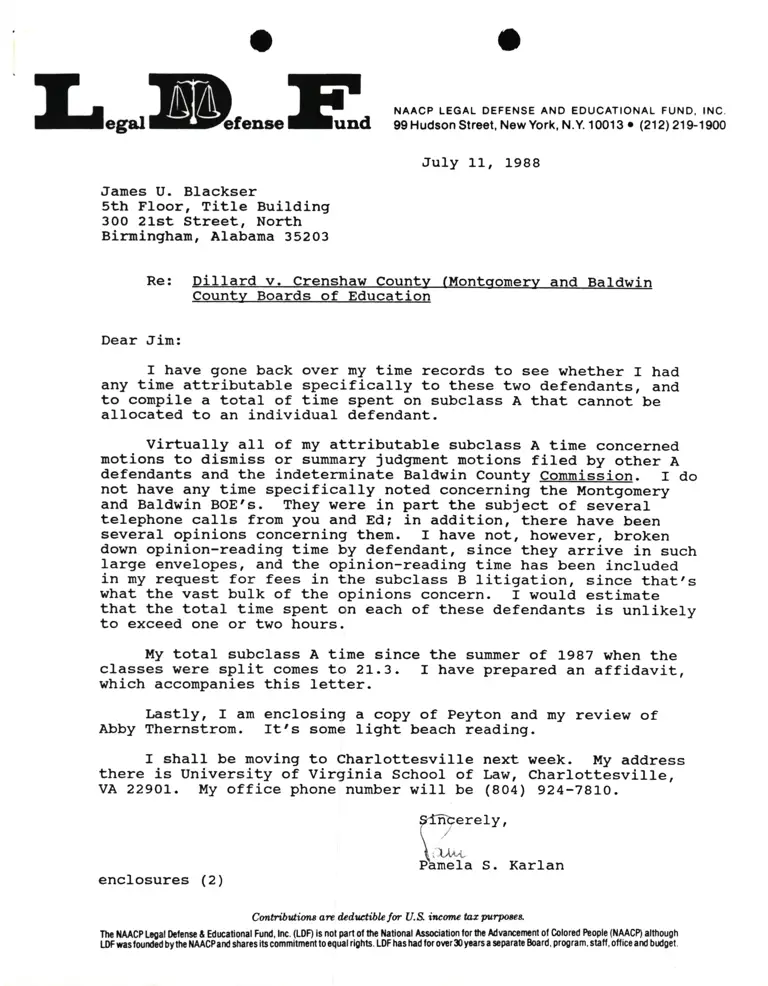 Correspondence from Pamela Karlan to James U. Blacksher Re Dillard v. Crenshaw County; Affidavit of Pamela Karlan and Appendices (Karlan CV and Working Hours) preview