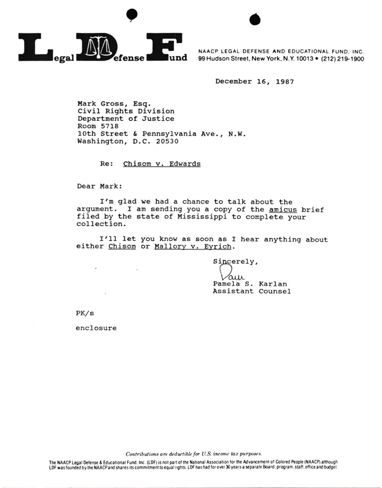Correspondence from Pamela Karlan to Mark Gross, Esq. Re Chisom v. Edwards preview