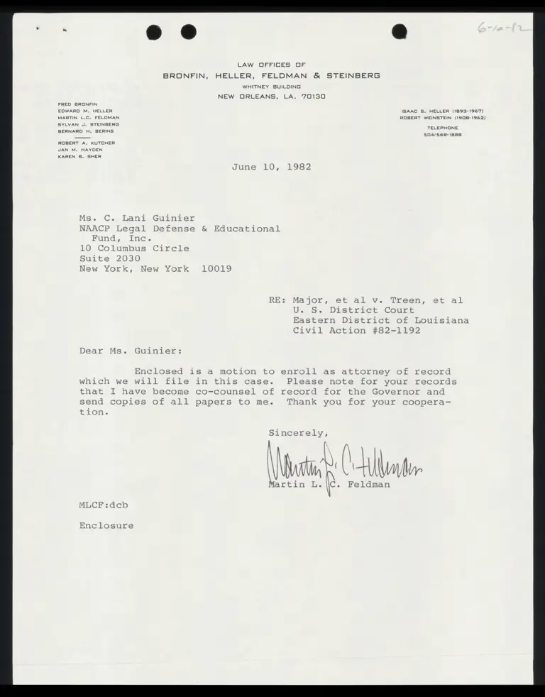 Motion to Enroll as Attorney of Record with cover letter to Lani from Martin Feldman preview