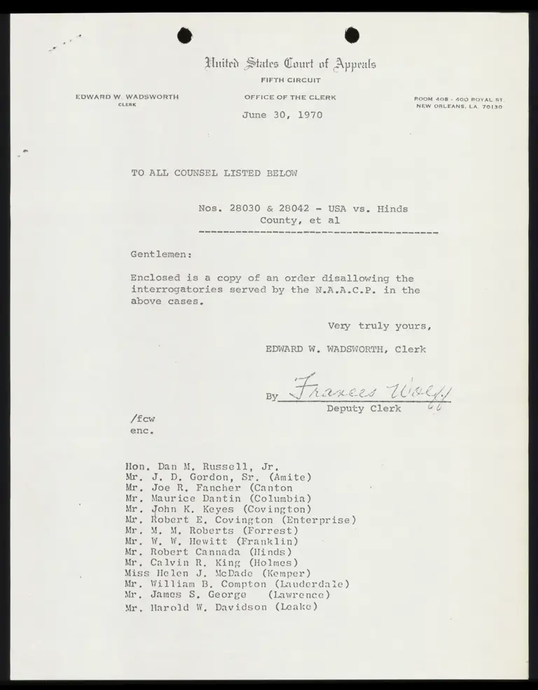 Correspondence from Clerk to Counsel Re: Order Disallowing Interrogatories preview