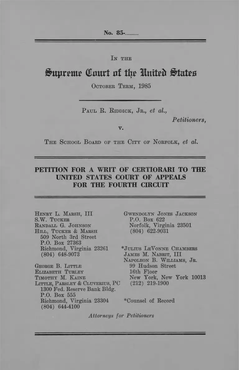 Riddick v The School Board of the City of Norfolk Writ of Certiorari preview