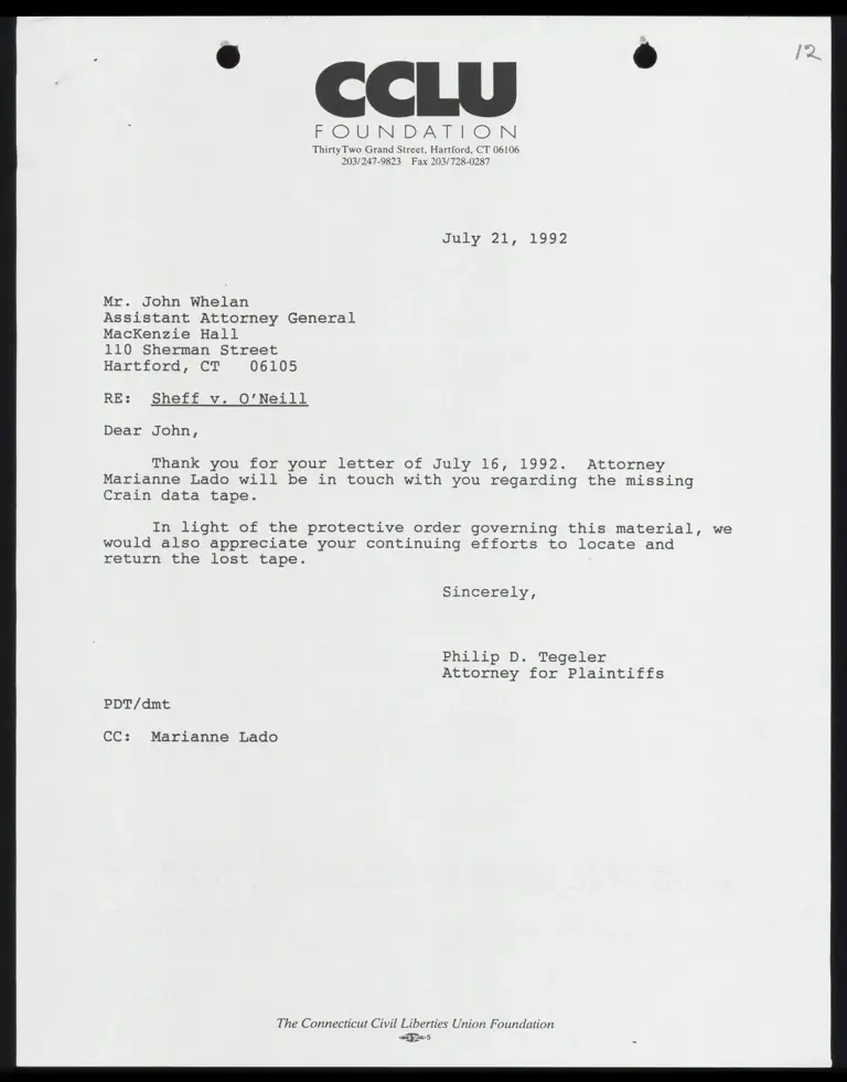 Correspondence from Tegeler to Whelan preview