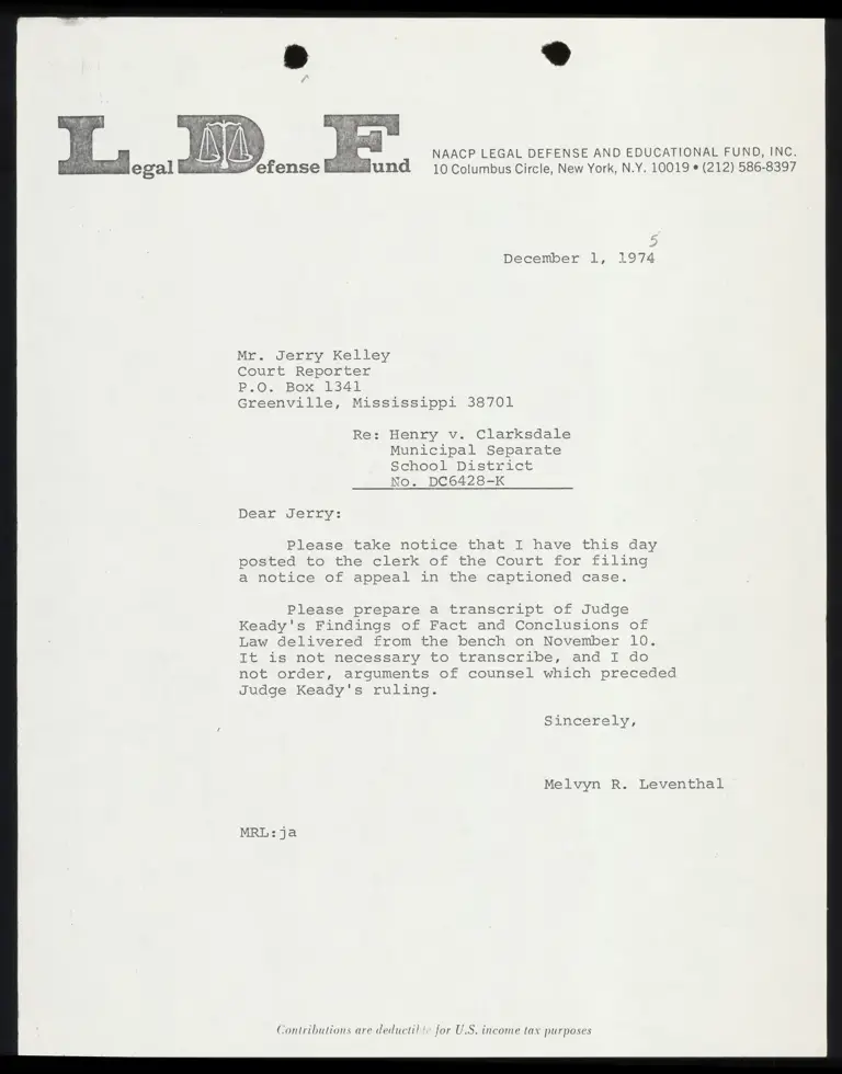 Correspondence from Leventhal to Court Reporter Re: Findings of Fact and Conclusions of Law preview