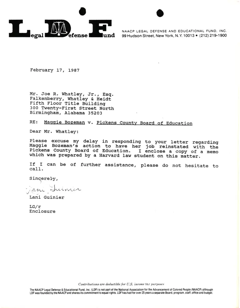 Correspondence from Lani Guinier to Joe R. Whatley, Jr., Esq. Re Bozeman v. Pickens County Bd. of Education preview