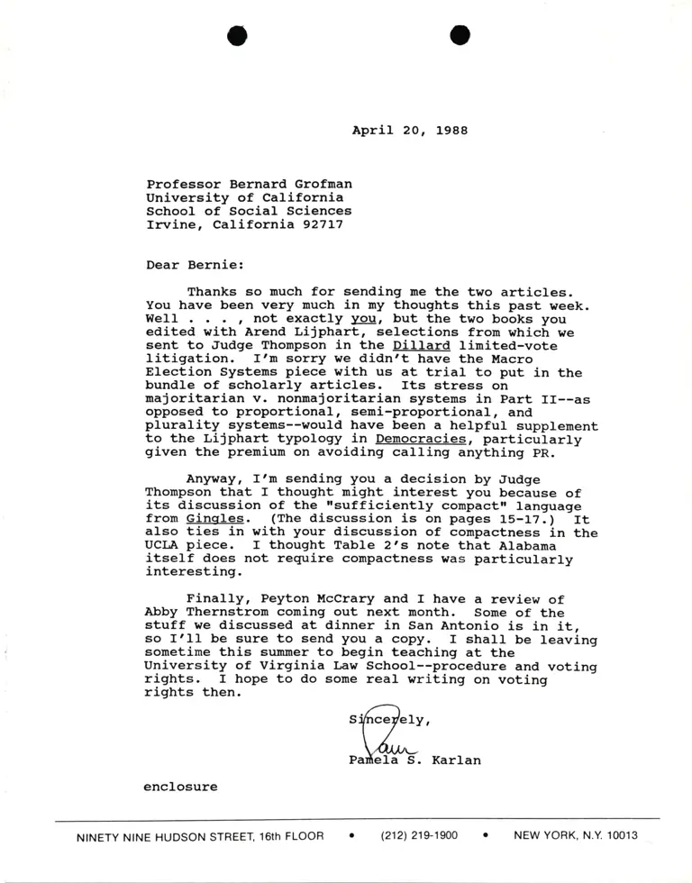 Correspondence from Pamela Karlan to Prof. Bernard Grofman preview