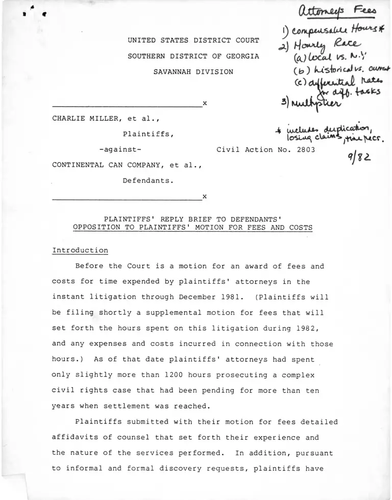 Miller v. Continental Can Company Plaintiffs' Reply Brief to Defendants' Opposition to Plaintiffs' Motion for Fees and Costs preview