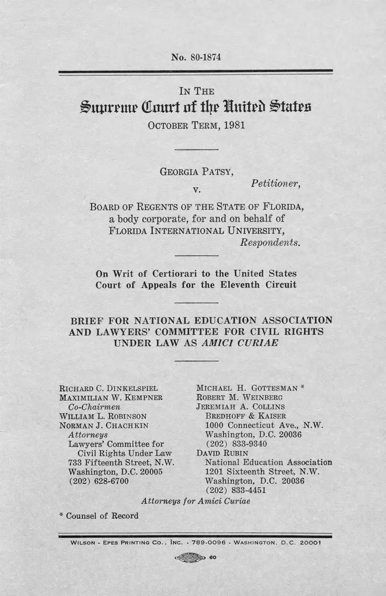 Patsy v. State of Florida Board of Regents Brief Amici Curiae preview