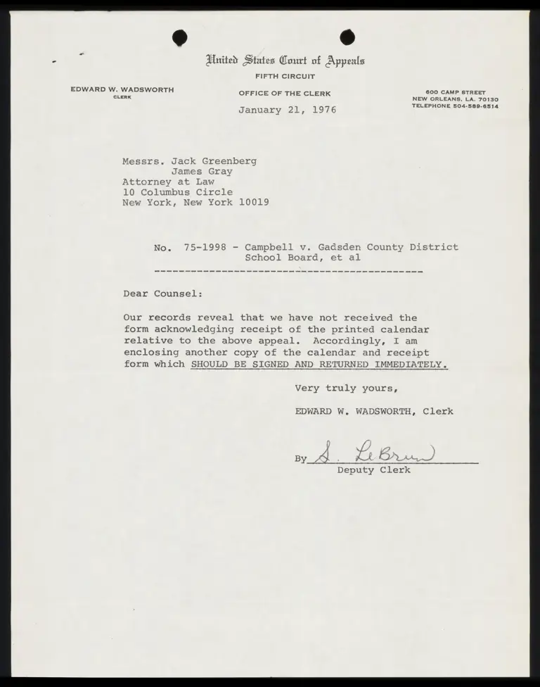 Correspondence from Clerk to Greenberg Re: Calendar for Oral Argument preview