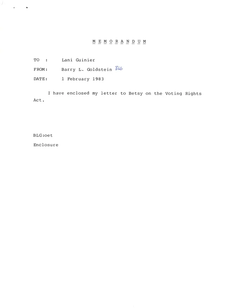 Memorandum from Goldstein to Guinier; Correspondence from Goldstein to Bartholet preview
