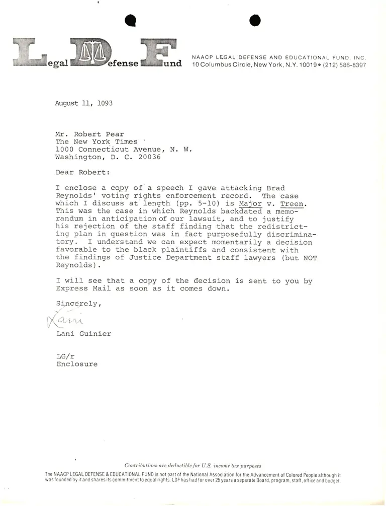 Correspondence from Lani Guinier to Robert Pear (New York Times) Re: Major v. Treen preview