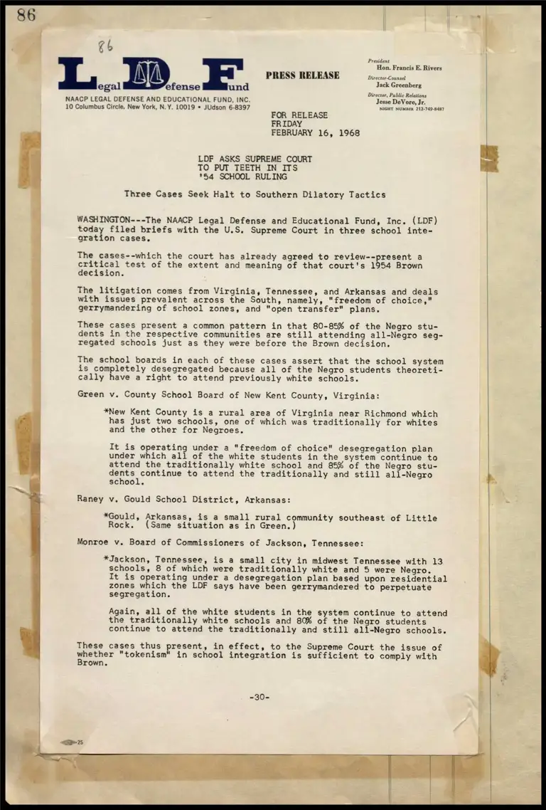 LDF Asks Supreme Court to Put Teeth in Its '54 School Ruling; Christian v. Board of Education of Strong School District, Arkansas (Telegram) preview