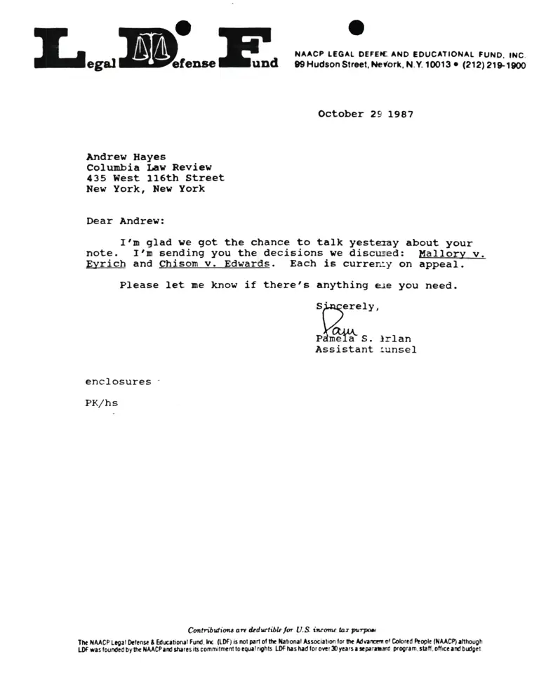 Correspondence from Pamela Karlan to Andrew Hayes (Columbia Law Review) preview