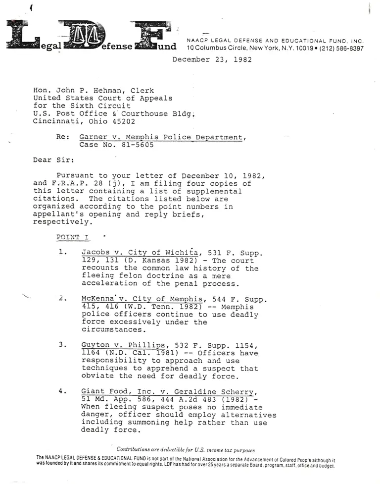 Correspondence from Winter to Clerk Re: Supplemental Citations preview