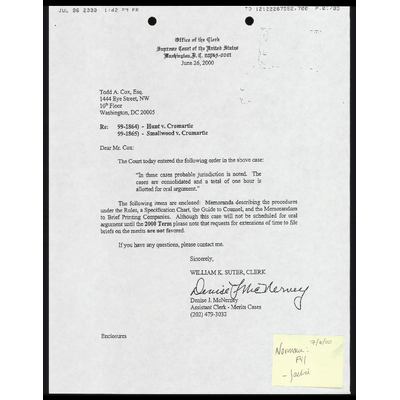 Letter to Cox from Court RE: Court Order, Memo for Rules, Specification Chart, Guide to Counsel and Memo to Brief Printing Companies, and Denied Time Extension preview