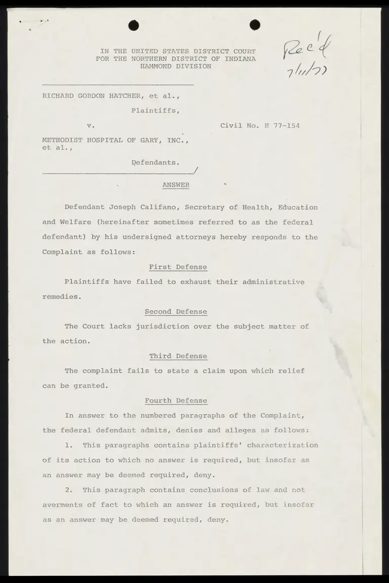 Defendant's Answer to Complaint. preview