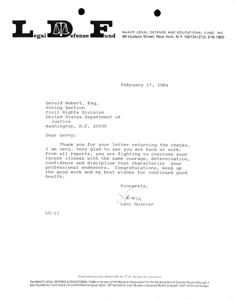 Letter from Lani Guinier to Gerald Hebert preview