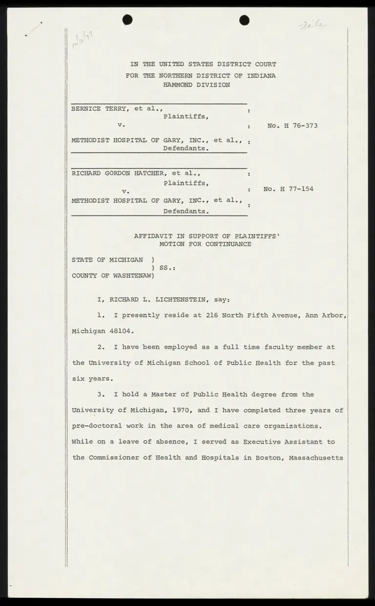 Affidavit in Support of Plaintiffs' Motion for Continuance; Affidavit of Martin L. Mador; Affidavit of Michael L. Ziegler preview