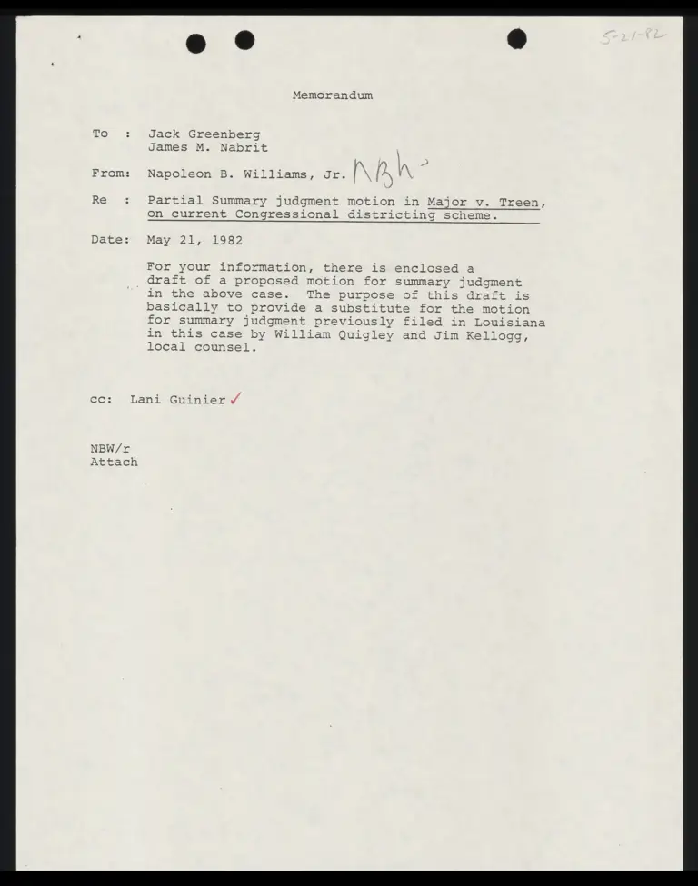 Memo to Jack Greenberg from Napoleon Williams; letter to William Quigley from Napoleon Williams;Memo of Law in Support of Plaintiffs Motion for Partial Summary Judgment preview