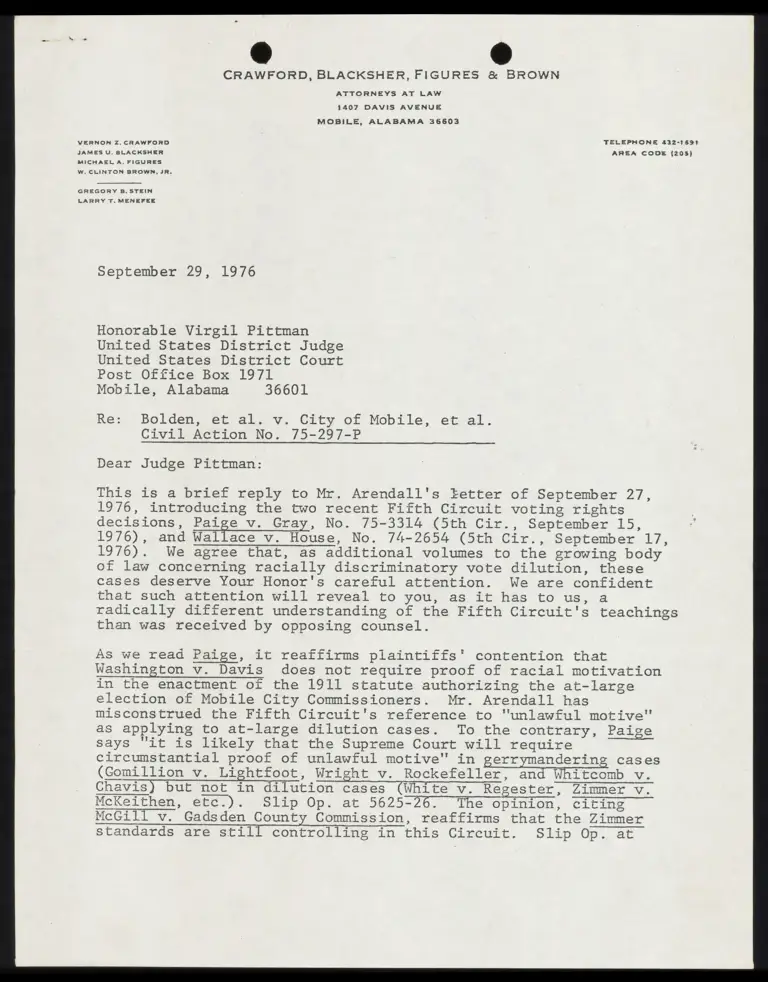 Letter to Judge Pittman from Blacksher in Reply to Arendal's Letter RE Recent Voting Rights Decisions preview