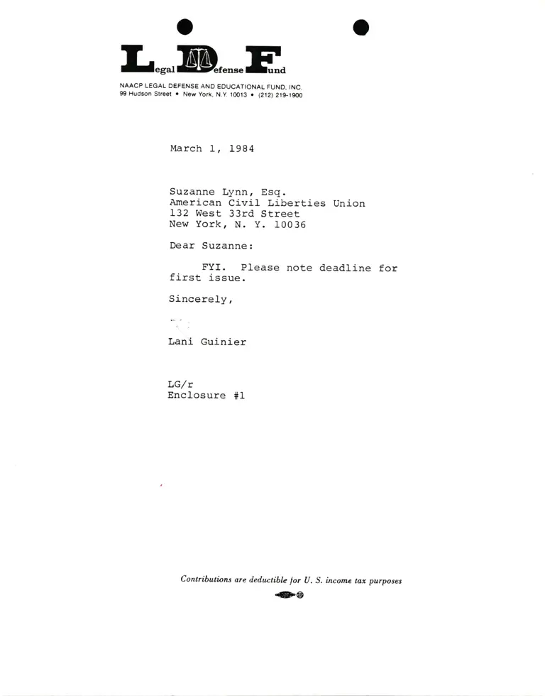 Letter from Lani Guinier to Suzanne Lynn, Esg. RE: Deadline for first issue preview