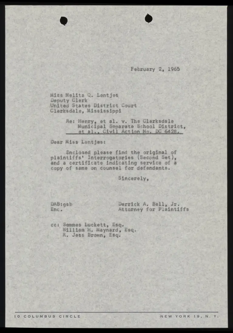 Correspondence from Bell to Clerk Re: Plaintiffs' Interrogatories preview