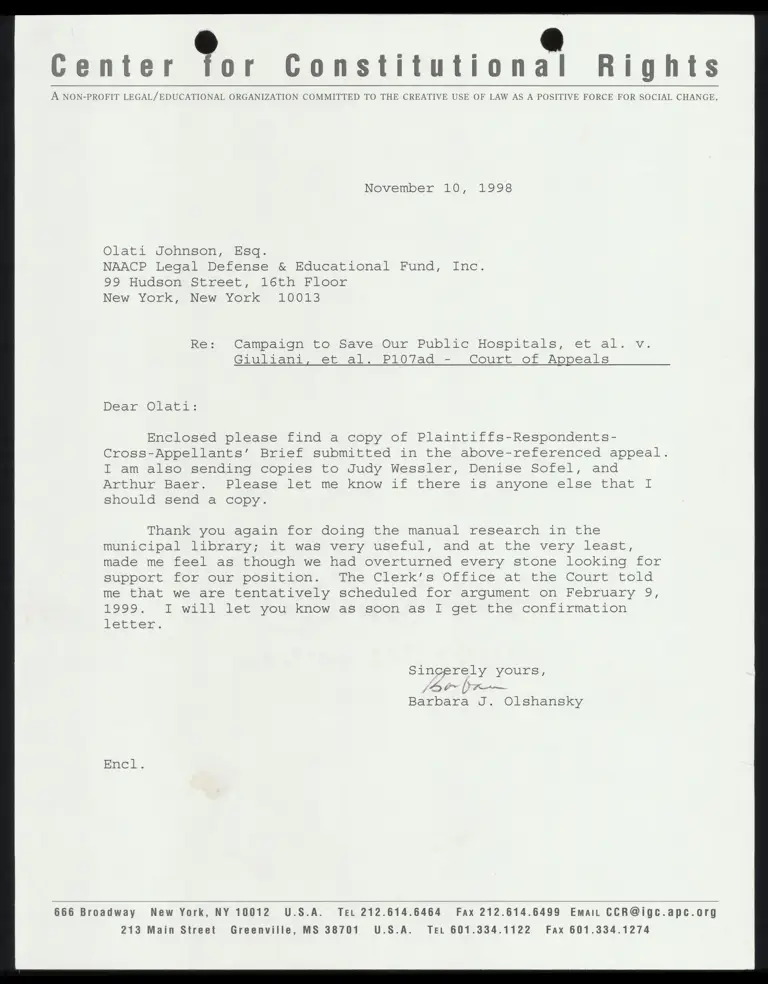 Correspondence from Olshansky to Johnson Re Plaintiffs-Respondents-Cross-Appellants' Brief preview