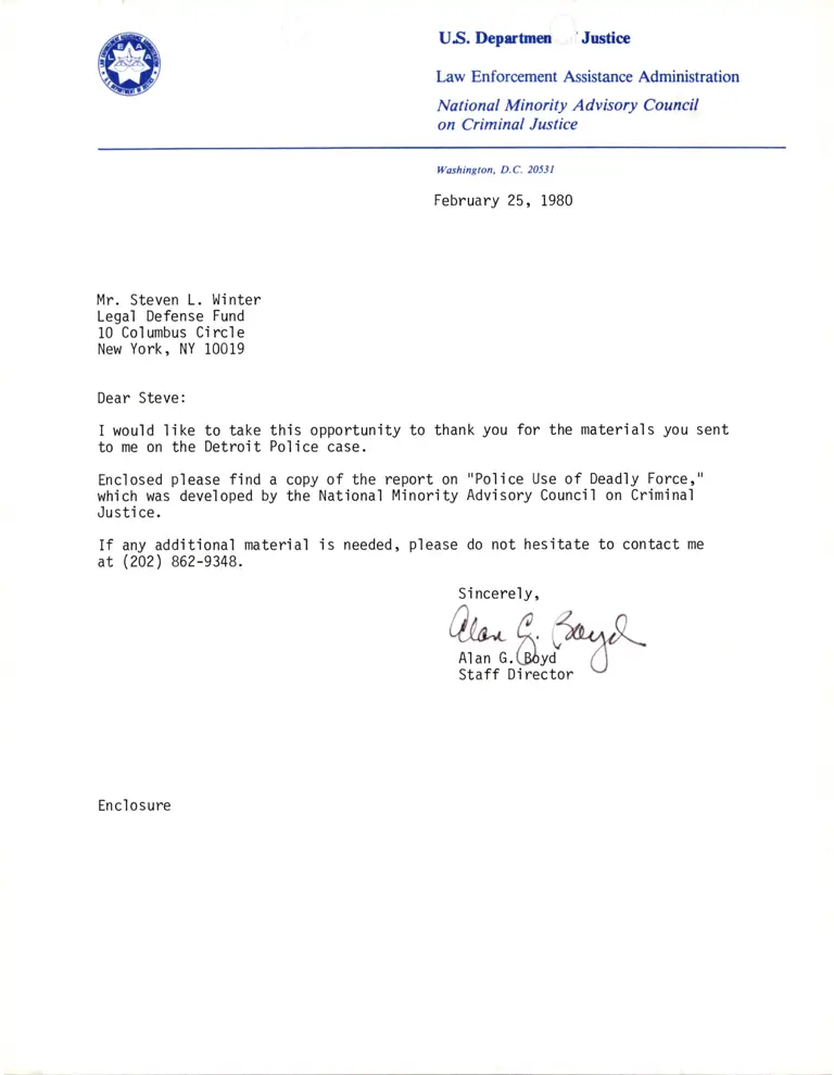 Correspondence from Boyd to Winter Re: Police Use of Deadly Force Report preview