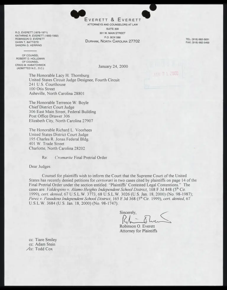 Letter to Judges from Everett RE: Denied Certiorari Petitions in Cited Cases preview