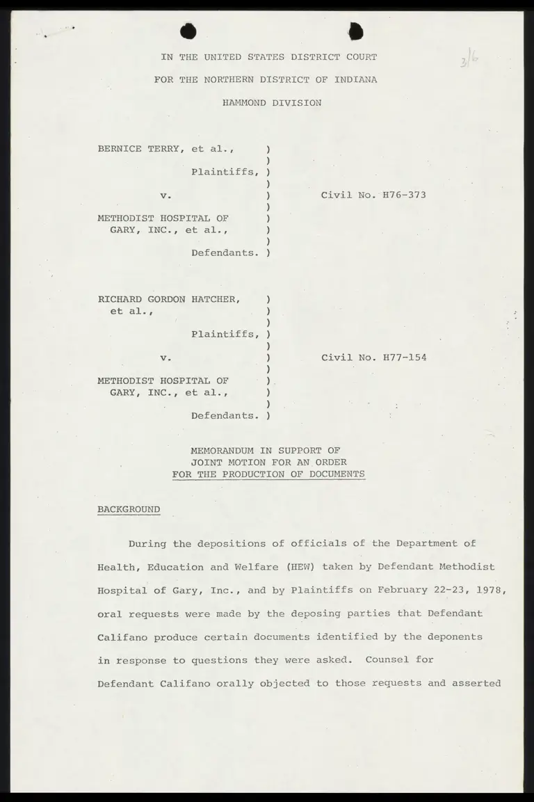 Memorandum in Support of Joint Motion for an Order for Production of Documents; Memorandum Opposing Protective Order preview