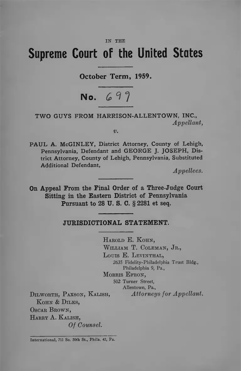 Two Guys from Harrison-Allentown, Inc. v. McGinley Jurisdictional Statement preview