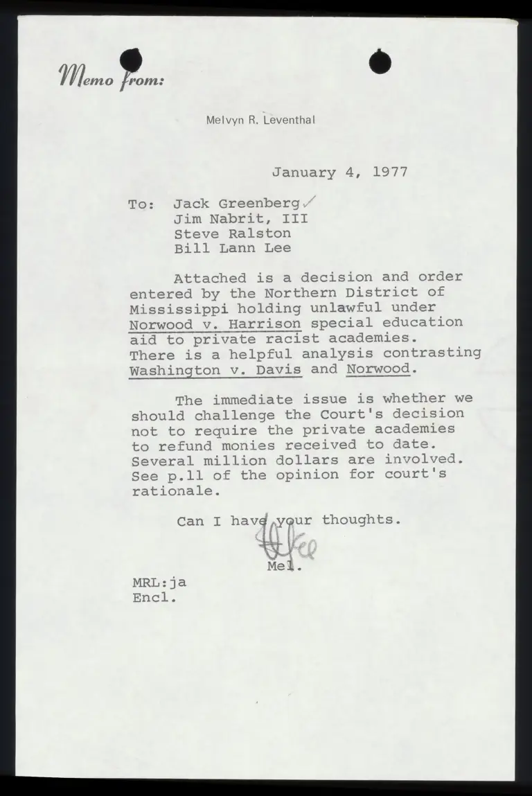 Memo from Leventhal to Counsel Re: Norwood Order; Final Judgment Under Rule 58 preview