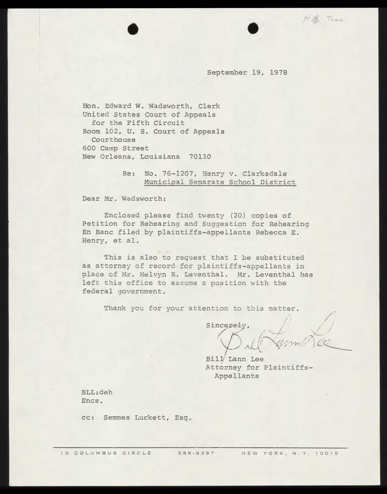 Correspondence from Lee to Clerk Re: Petition for Rehearing preview