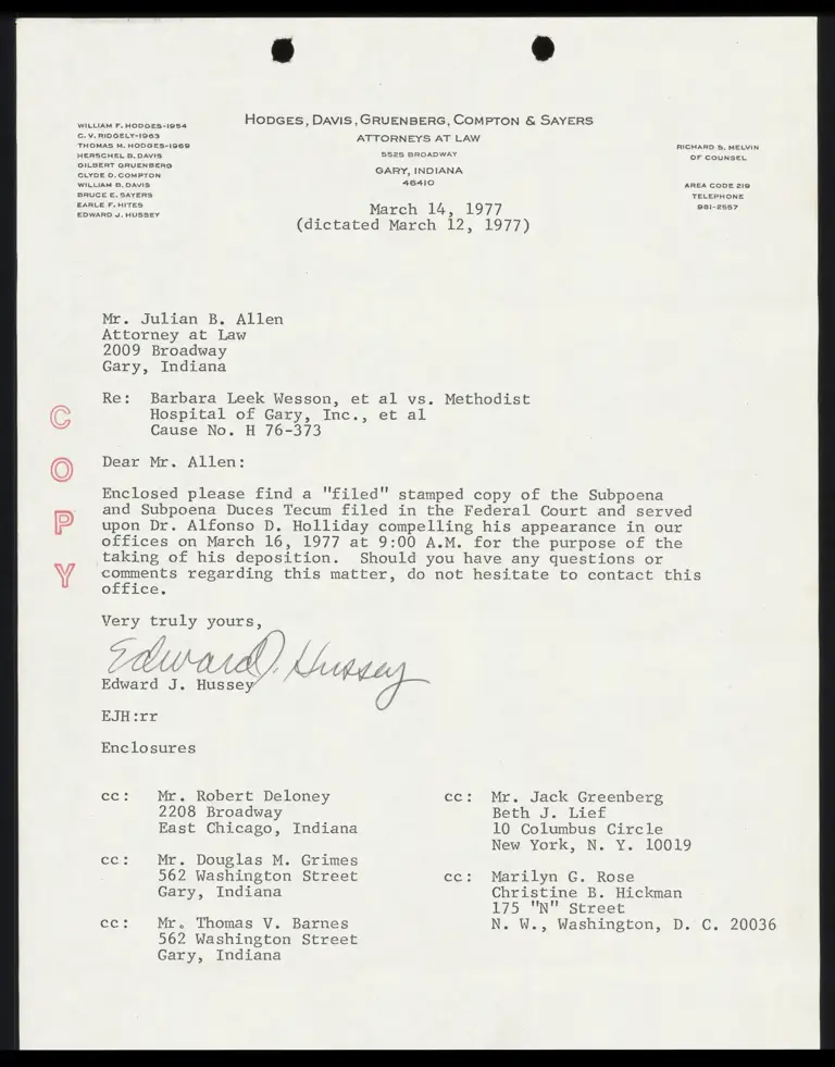 Copy of Subpeona and Subpoena Duces Tecum for Deposition of Dr. Holliday preview