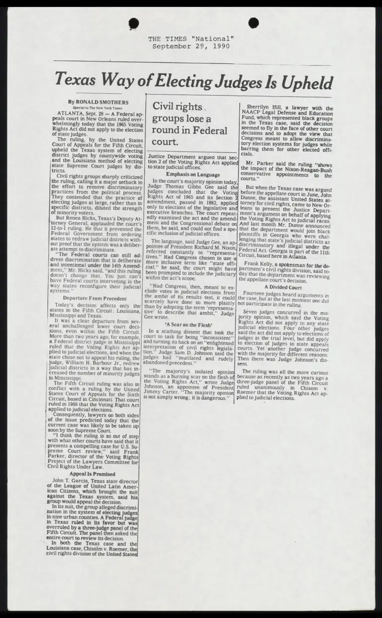 Texas Way of Electing Judges is Upheld (The Times) preview
