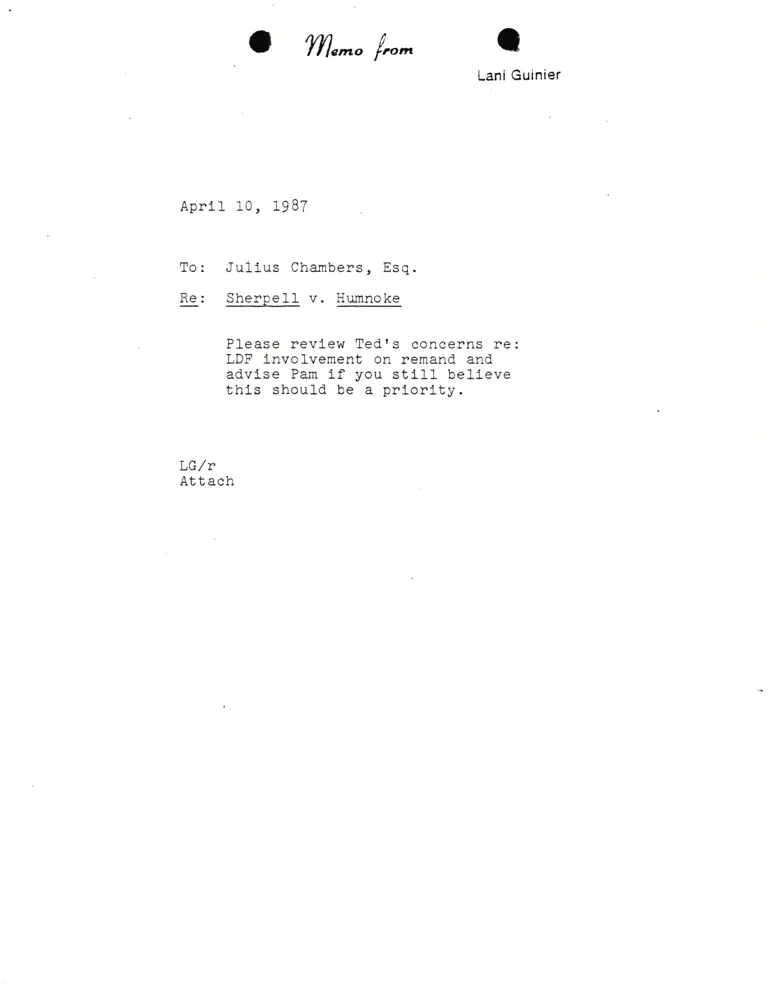 Correspondence from Lani Guinier to Julius Chambers RE Sherpell v. Humnoke preview