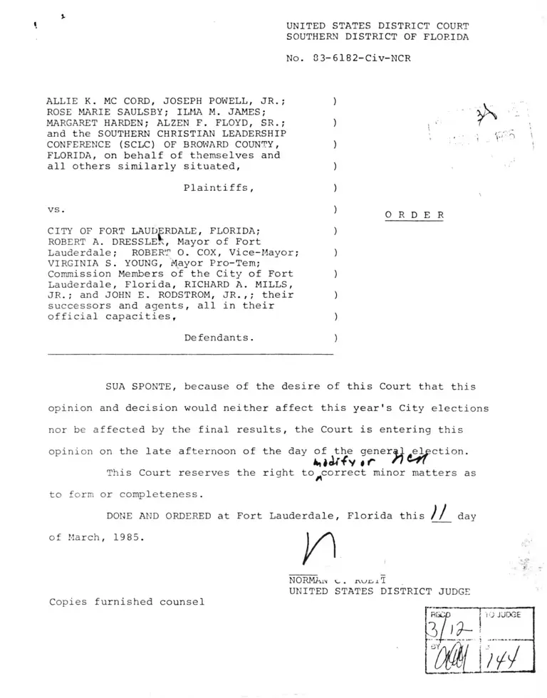 McCord v. City of Fort Lauderdale, Florida Order and Opinion preview