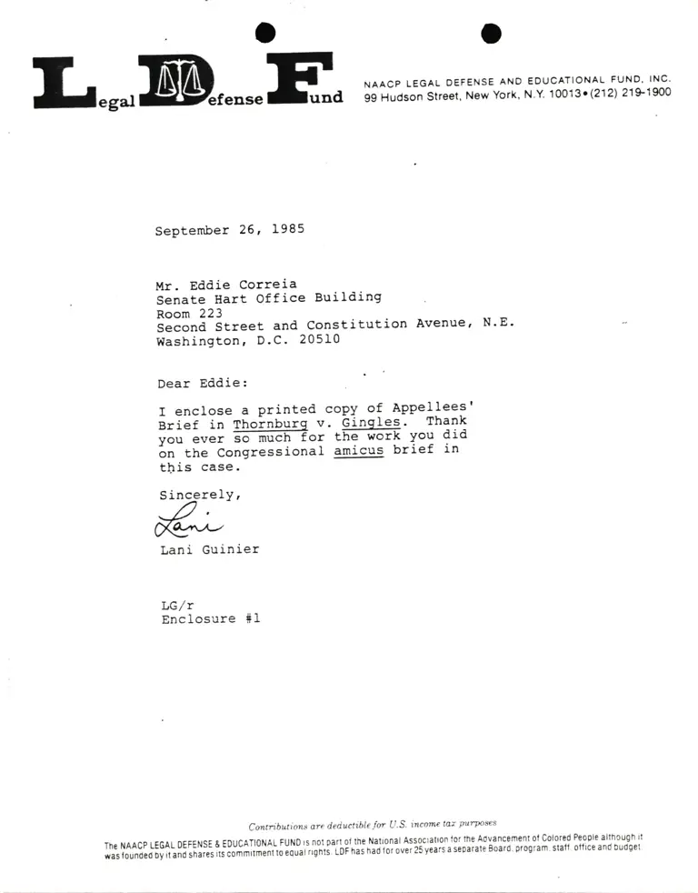 Correspondence from Lani Guinier to Eddie Correia Re Thornburg v. Gingles preview