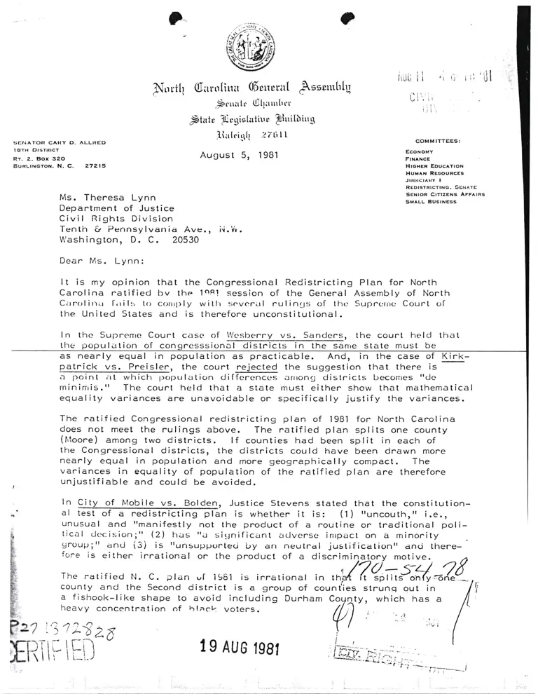 Letters to Department of Justice from Thompson et. al, RE: N.C. Redistricting preview