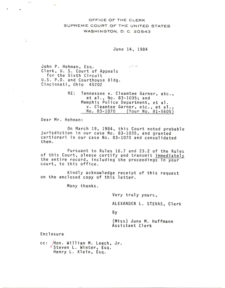 Correspondence from Clerk to Hehman Re: Request to Certify and Transmit preview